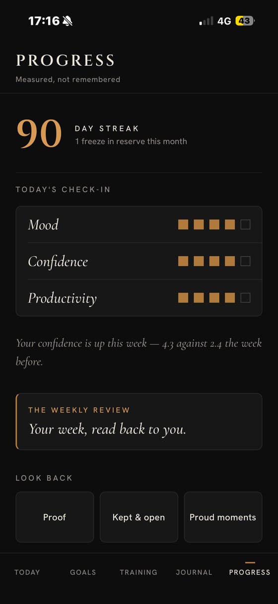 Progress: streak, daily check-in and the weekly review