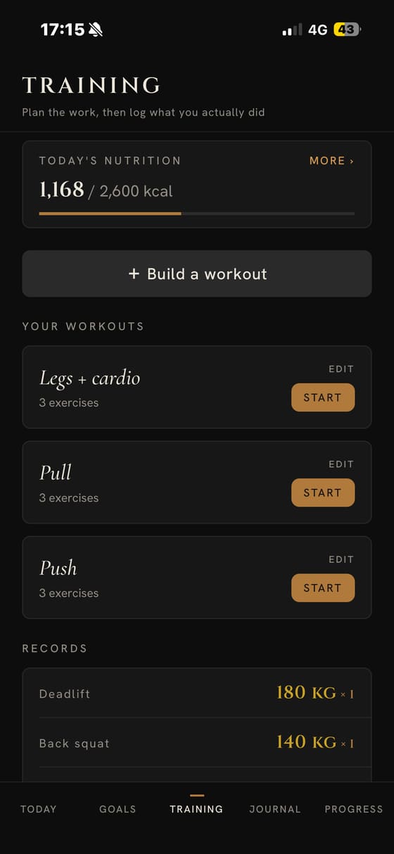 Workout templates, records and today's calories